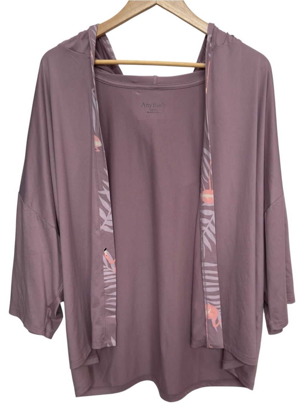 ⁠ANYBODY Open Front Hooded Cardigan Dusty Mauve Flamingo Trim Kimono. XL.